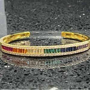 Rainbow CZ emerald cut Pave set CUFF Bangle Bracelet gold Ruby Sapphire, emerald